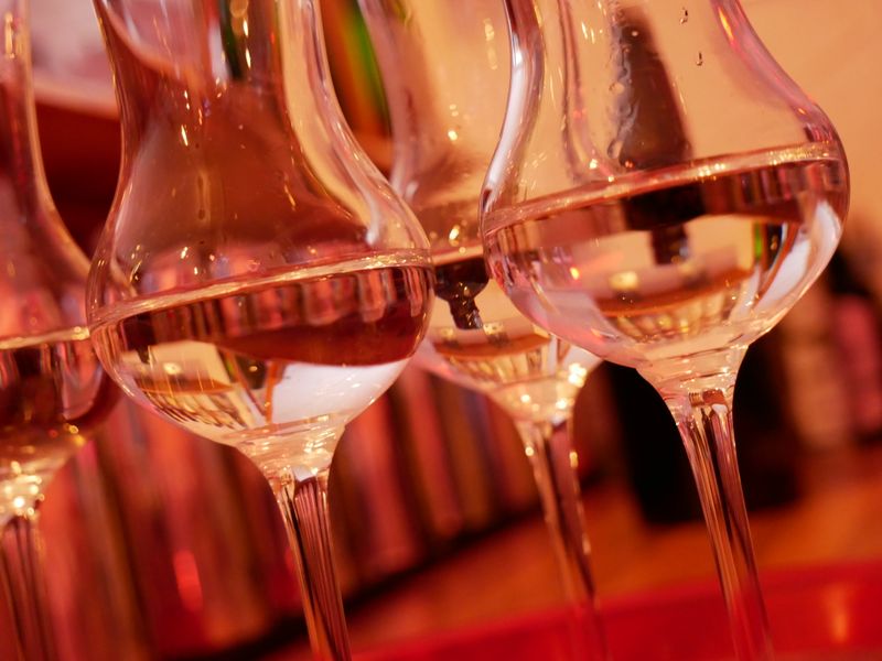 Mehrere Gin-Flaschen stehen aufgereiht auf einer Bar