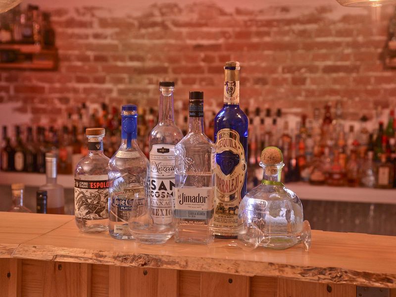 Mehrere Tequila-Flaschen stehen aufgereiht auf einer Bar